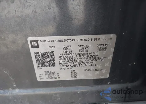 2018 Chevrolet Equinox Lt из США, поврежденный, VIN 3GNAXJEV1JL402454